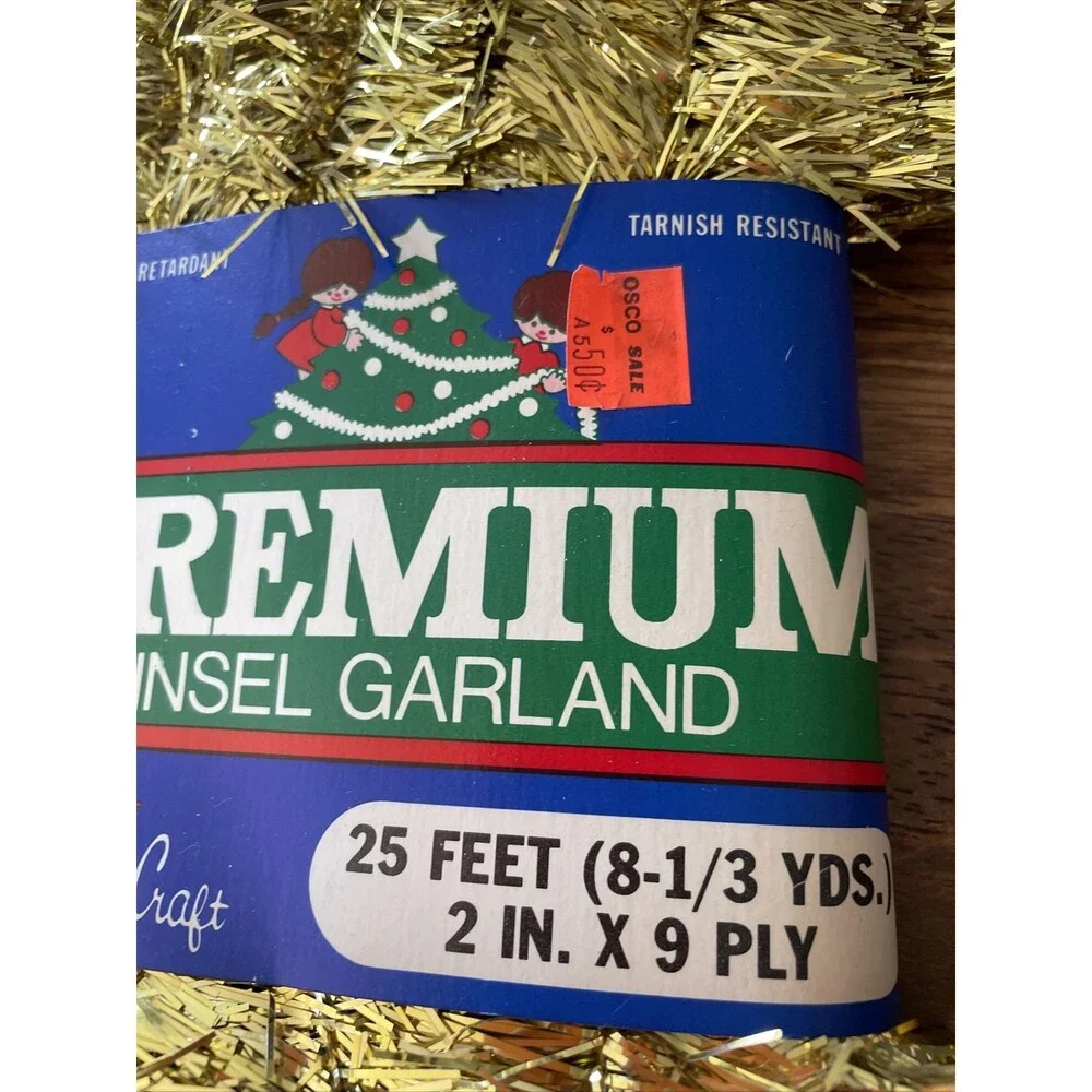 25 Feet NOS Gold Christmas Tinsel Garland Premium Christmas Made USA 2” New Old